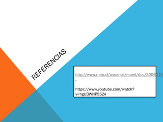 REFERENCIAS
 
http://www.rmm.cl/usuarios/morel/doc/20060108
.
https://www.youtube.com/watch?
v=hgUBWNP55ZA
 