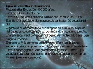 Tipos de estrellas y clasificación 
Protoestrella: Evolución. 100 000 años. 
Estrella T Tauri: Evolución. 
Estrella de secuencia principal:Mayoríade las estrellas. El Sol . 
Equilibrio hidrostático. Su masa puede ser hasta 100 veces la del 
Sol. 
Gigante roja: Consume todo el hidrógeno de su núcleo, Capa de 
hidrógeno alrededor del núcleo, continúa viva, reduce su tamaño. 
Enana blanca: Perdido todo el hidrógeno del núcleo. No tiene lugar 
ninguna reacción. 
Enana roja: Más comunes del universo, diferentes de las de 
secuencia principal, pues tienen poca masa y son mucho más frías. 
Estrella super-gigante: Más grandes del Universo. Entre 10 y 50 
veces la masa solar. Consumen el hidrógeno nuclear muy rápido. 
Mueren jóvenes (supernova). 
 