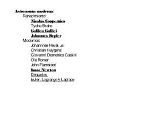 Astronomía moderna: 
Renacimiento: 
Nicolás Coopernico 
Tycho Brahe 
Galileo Galilei 
Johannes Kepler 
Modernos: 
Johannnes Hevelius 
Christian Huygens 
Giovanni Domenico Cassini 
Ole Romer 
John Fiamsteed 
Isaac Newton 
Descartes 
Euler, Lagrange y Laplace 
 