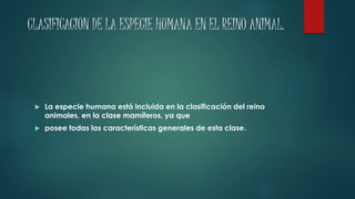 CLASIFICACION DE LA ESPECIE HUMANA EN EL REINO ANIMAL. 
 La especie humana está incluida en la clasificación del reino 
animales, en la clase mamíferos, ya que 
 posee todas las características generales de esta clase. 
 