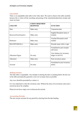 elosimple excel inventory template




TALLYING
There is an expandable tally table in the Tally sheet. We need to observe this table carefully
because this is where all the recording and posting of the material/product/item receipts and
issues are done:

                                USER’S REQUIRED
COLUMN                          RESPONSE                        FUNCTION

Date                            Make entry                      Transaction date

                                                                Supplier/Recipient name or
Received from/Issued to         Make entry                      remarks

                                                                Voucher/Document serial
Reference                       Make entry                      number

RECEIPT/ISSUE(-)                Make entry                      Precede issues with (-) sign.

                                                                Formulated to post receipts
                                                                and issues.

                                                                View balance for inventory
Allocation Figure               No entry                        ledger in cell E10

Allocation                      Make entry                      Posts inventory names

                                                                Formulated to post inventory
Account                         No entry                        names




Making Entries
The tally table is expandable. Any attempt at entering the date or anything below the last row
in the table automatically generates a new row as many times as possible.

Any issue should be preceded by a minus (-).

It is very important to enter the inventory code. Without the entry of an inventory code such a
record can never be complete.

Please do not leave empty rows in between the records.



Accounting Periods
The user can get accounts for any period by selecting from the date heading.




                                                                                                  8
 