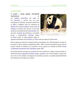 OSO PANDA DOCUMENTO DE PRUEBA 
EL OSO PANDA El panda o panda gigante (Ailuropoda melanoleuca) es una especie demamífero del orden de los carnívoros y aunque hay una gran controversia al respecto, los últimos estudios de su ADN lo engloban entre los miembros de lafamilia de los osos (Ursidae), siendo el oso de anteojos su pariente más cercano, si bien este pertenece a la subfamilia de los tremarctinos. Por otro lado, el panda rojo pertenece a una familia propia e independiente; Ailuridae. Nativo de China central, el panda gigante habita en regiones montañosas como Sichuan y el Tíbet, hasta una altura de 3500 msnm. Está en peligro de extinción; la especie está muy localizada. Con 1600 ejemplares viviendo en las selvas y 188 en cautiverio (estadísticas 2004 - 2005), informes demuestran que la cifra de pandas viviendo en libertad va en aumento.2 El oso panda es el símbolo de WWF (Fondo mundial para la protección de la naturaleza) desde 1961. El principal alimento del panda es el bambú (en torno al 99% de su dieta), aunque también se alimenta de frutos, pequeños mamíferos, peces, einsectos.3 Es un buen trepador, aunque rara vez se le ve en los árboles. Se adapta a la cautividad y gracias a su pelaje soporta fácilmente las condiciones invernales de su hábitat. 
