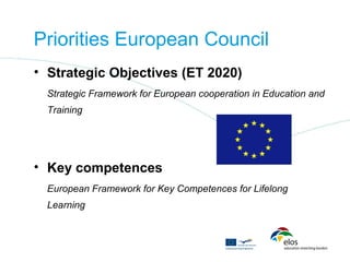 Priorities European Council
• Strategic Objectives (ET 2020)
  Strategic Framework for European cooperation in Education and
  Training




• Key competences
  European Framework for Key Competences for Lifelong
  Learning
 