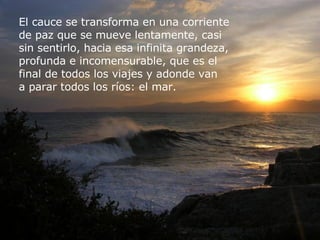 El cauce se transforma en una corriente  de paz   que se mueve lentamente, casi  sin sentirlo, hacia esa infinita grandeza,  profunda e incomensurable, que es el final de todos  los  viajes y adonde van  a parar todos los ríos: el mar. 