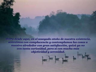 Ahora desde aquí, en el sosegado otoño de nuestra existencia,
  sonreímos con complacencia y contemplamos las cosas a
    nuestro alrededor con gran satisfacción, quizá ya no
        con tanta curiosidad, pero sí con mucha más
                  objetividad y serenidad.
 