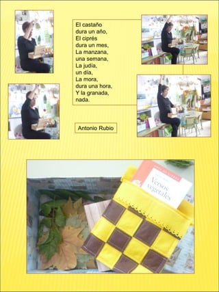 El castaño
dura un año,
El ciprés
dura un mes,
La manzana,
una semana,
La judía,
un día,
La mora,
dura una hora,
Y la granada,
nada.
Antonio Rubio
 