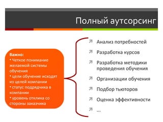Полный аутсорсинг Анализ потребностей  Разработка курсов  Р а зработка методики проведения обучения  Организации обучения  П одбор тьюторов О ценка эффективности ... В ажно:  Четкое понимание желаемой системы обучения  цели обучение исходят из целей компании статус подрядчика в компании уровень отклика со стороны заказчика 