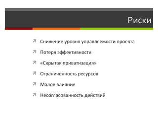 Риски Снижение уровня управляемости проекта П отеря эффективности  «Скрытая приватизация» Ограниченность ресурсов Малое влияние Н есогласованность действий 