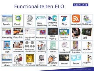 Functionaliteiten ELO


                                              Stage       Onderwijs
 Agenda       E-mail            Wiki                                     Blogs       News feeds Mobile aps
                                              begeleiding repository




                                                           Social 
Roostering E-portfolio      Leermateriaal/   Roostering    tagging
                                                                       Leven lang 
                                                                                       CRM       ELO
                            content                                       leren




 IM/Chat/      Synchrone    Management                    Certificerend     ID    Administratie Joker:
   MSN        samenwerking informatie (BI)   Zelftoetsing   toetsen     management financiën    …………...




Bestanden       Online        Student        Video        Streaming    Security        Twitter   Joker:
  delen      samenwerking Informatie/volg conferencing       video                               …………...
                                                                                       Het nieuwe DLWO spel
 