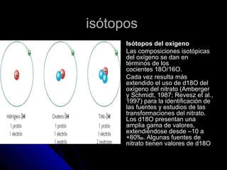 isótopos
       Isótopos del oxigeno
       Las composiciones isotópicas
        del oxígeno se dan en
        términos de los
        cocientes 18O/16O.
       Cada vez resulta más
        extendido el uso de d18O del
        oxígeno del nitrato (Amberger
        y Schmidt, 1987; Revesz et al.,
        1997) para la identificación de
        las fuentes y estudios de las
        transformaciones del nitrato.
        Los d18O presentan una
        amplia gama de valores,
        extendiéndose desde –10 a
        +80‰. Algunas fuentes de
        nitrato tienen valores de d18O
 