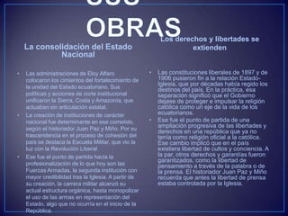 La consolidación del Estado
Nacional
• Las administraciones de Eloy Alfaro
colocaron los cimientos del fortalecimiento de
la unidad del Estado ecuatoriano. Sus
políticas y acciones de corte institucional
unificaron la Sierra, Costa y Amazonía, que
actuaban sin articulación estatal.
• La creación de instituciones de carácter
nacional fue determinante en ese cometido,
según el historiador Juan Paz y Miño. Por su
trascendencia en el proceso de cohesión del
país se destaca la Escuela Militar, que vio la
luz con la Revolución Liberal
• Ese fue el punto de partida hacia la
profesionalización de lo que hoy son las
Fuerzas Armadas, la segunda institución con
mayor credibilidad tras la Iglesia. A partir de
su creación, la carrera militar alcanzó su
actual estructura orgánica, hasta monopolizar
el uso de las armas en representación del
Estado, algo que no ocurría en el inicio de la
República.
Los derechos y libertades se
extienden
• Las constituciones liberales de 1897 y de
1906 pusieron fin a la relación Estado-
Iglesia, que por décadas había regido los
destinos del país. En la práctica, esa
separación significó que el Gobierno
dejase de proteger e impulsar la religión
católica como un eje de la vida de los
ecuatorianos.
• Ese fue el punto de partida de una
ampliación progresiva de las libertades y
derechos en una república que ya no
tenía como religión oficial a la católica.
Ese cambio implicó que en el país
existiera libertad de cultos y conciencia. A
la par, otros derechos y garantías fueron
garantizados, como la libertad de
pensamiento a través de la palabra o de
la prensa. El historiador Juan Paz y Miño
recuerda que antes la libertad de prensa
estaba controlada por la Iglesia.
 