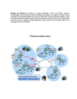 Estado de Enlace: Su métrica se basa el retardo, ancho de banda, carga y
confiabilidad de los distintos enlaces posibles para llegar a un destino en base a esos
conceptos el protocolo prefiere una ruta por sobre otra. Estos protocolos utilizan un tipo
de publicaciones llamadas Publicaciones de estado de enlace (LSA), que intercambian
entre los routers, mediante estas publicación cada router crea una base datos de la
topología de la red completa.
Protocolo estado enlace
 
