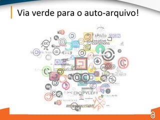 Via verde para o auto-arquivo!O copyright já não é um obstáculo importante ao desenvolvimento dos Repositórios Institucionais.Mais de 95% das revistas já permitem alguma forma de auto–arquivo/depósito em repositórios.http://romeo.eprints.org/stats.php