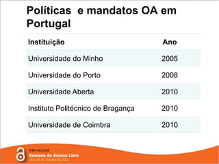 Em 2009…18 de Março de 2009Mandato de Open Access para todo o MIT, aprovado por unanimidadeThe Faculty of the Massachusetts Institute of Technology is committed to disseminating the fruits of its research and scholarship as widely as possible. In keeping with that commitment, the Faculty adopts the following policy: Each Faculty member grants to the Massachusetts Institute of Technology nonexclusive permission to make available his or her scholarly articles and to exercise the copyright in those articles for the purpose of open dissemination. In legal terms, each Faculty member grants to MIT a nonexclusive, irrevocable, paid-up, worldwide license to exercise any and all rights under copyright relating to each of his or her scholarly articles, in any medium, provided that the articles are not sold for a profit, and to authorize others to do the same. The policy will apply to all scholarly articles written while the person is a member of the Faculty except for any articles completed before the adoption of this policy and any articles for which the Faculty member entered into an incompatible licensing or assignment agreement before the adoption of this policy. The Provost or Provost's designate will waive application of the policy for a particular article upon written notification by the author, who informs MIT of the reason. To assist the Institute in distributing the scholarly articles, as of the date of publication, each Faculty member will make available an electronic copy of his or her final version of the article at no charge to a designated representative of the Provost's Office in appropriate formats (such as PDF) specified by the Provost's Office. The Provost's Office will make the scholarly article available to the public in an open- access repository. (…)