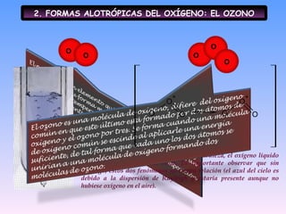 2. FORMAS ALOTRÓPICAS DEL OXÍGENO: EL OZONO Por una coincidencia interesante de la naturaleza, el oxígeno líquido tiene el color celeste del cielo. Es importante observar que sin embargo, estos dos fenómenos no tienen relación (el azul del cielo es debido a la dispersión de Rayleigh y estaría presente aunque no hubiese oxígeno en el aire). O O O O O 