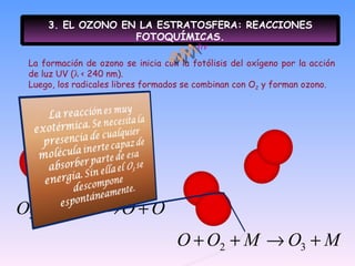 3. EL OZONO EN LA ESTRATOSFERA: REACCIONES FOTOQUÍMICAS. La formación de ozono se inicia con la fotólisis del oxígeno por la acción de luz UV (  < 240 nm). Luego, los radicales libres formados se combinan con O 2  y forman ozono. h  