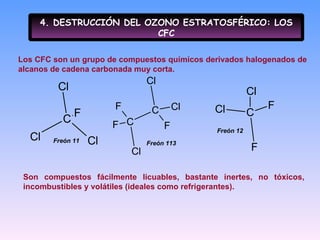 4. DESTRUCCIÓN DEL OZONO ESTRATOSFÉRICO: LOS CFC Los CFC son un grupo de compuestos químicos derivados halogenados de alcanos de cadena carbonada muy corta.  Freón 11 Freón 12 Freón 113 Son compuestos fácilmente licuables, bastante inertes, no tóxicos, incombustibles y volátiles (ideales como refrigerantes). 