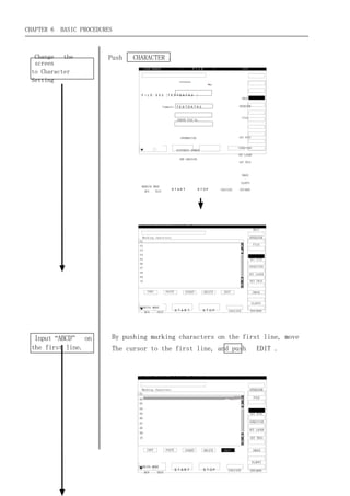 CHAPTER 6   BASIC PROCEDURES



  Change the              Push   CHARACTER .
  screen
                                        LASER MARKER                <<    　　ＦＩＬＥ　　　>>                                SUNX
 to Character
 Setting

                                    ＦＩＬＥ：００２ [ＴＥＳＴＤＡＴＡ２　]
                                                                                                                     HELP

                                                        Comments ＴＥＳＴＤＡＴＡ２                                      OPERATOR


                                                                                                                     FILE
                                                                  CHANGE FILE No.
                                                                                                                CHARACTER



                                                                    OVERWRITING                                 SET FUNC


                                                                                                                CONDITION
                                                                 DIFFERENT NUMBER
                                                                                                                SET LASER
                                                                   NEW CREATION
                                                                                                                SET TRIG



                                                                                                                     IMAGE

                                                                                                                     FLOPPY
                                    MARKING MODE
                                                            ＳＴＡＲＴ                 ＳＴＯＰ            INDICATE       ENVIRON
                                         RUN     TEST




                                        LASER MARKER                     <<   CHARACTER SETTING      >>                         SUNX


                                    Ｆ Ｉ Ｌ Ｅ：０ ０ ２ [Ｔ Ｅ Ｓ Ｔ Ｄ Ａ Ｔ Ａ ２ 　 ]
                                                                                                                               HELP

                                  　 Marking characters                                                                       OPERATOR
                                   01
                                   02                                                                                           FILE
                                   03
                                                                                                                             CHARACTER
                                   04
                                   05                                                                                         SET FUNC
                                   06
                                   07                                                                                        CONDITION
                                   08
                                                                                                                             SET LASER
                                   09
                                   10                                                                                         SET TRIG


                                          COPY           PASTE           INSERT     DELETE          EDIT                       IMAGE


                                                                                                                               FLOPPY
                                   MARKING MODE
                                                                 ＳＴＡＲＴ              ＳＴＯＰ                  INDICATE            ENVIRON
                                        RUN       TEST




  Input “ABCD” on          By pushing marking characters on the first line, move
 the first line.           The cursor to the first line, and push                                                                 EDIT .

                                    LASER MARKER                         <<   CHARACTER SETTING      >>                         SUNX


                                    ＦＩＬＥ：００２ [ＴＥＳＴＤＡＴＡ２　]                                                                       HELP


                                  　 Marking characters                                                                        OPERATOR
                                   01
                                   02                                                                                           FILE
                                   03
                                                                                                                             CHARACTER
                                   04
                                   05                                                                                         SET FUNC
                                   06
                                   07                                                                                        CONDITION
                                   08
                                                                                                                             SET LASER
                                   09
                                   10                                                                                         SET TRIG


                                          COPY           PASTE           INSERT     DELETE          EDIT                       IMAGE


                                                                                                                               FLOPPY
                                  MARKING MODE
                                                                 ＳＴＡＲＴ              ＳＴＯＰ               INDICATE               ENVIRON
                                        RUN       TEST
 