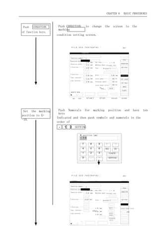 .00 [mm]
.00 [mm]
CHAPTER 6 BASIC PROCEDURES
Push CONDITION
of function keys.
Push CONDITION to change the screen to the
marking
condition setting screen.
LASER MARKER
<< MARKING CONDITION >> SUNX
ＦＩＬＥ：００２ [ＴＥＳＴＤＡＴＡ２　] HELP
GENERAL CHARACTER CAD OPERATOR
Condition number
Character height･
Character width･･
X Position･･･････
１
5.00 [mm]
5.00 [mm]
0.00 [mm]
Set line･････････ 1 ～ 30
Marking shape Straight line
Font････ Original 3
FILE
CHARACTER
SET FUNC
Y Position･･･････
Char. interval･･･
Line interval････
MARKING MODE
0
5
5.00 [mm]
Bold････････････
Laser power･･････
Scanning speed･･･
Laser pluse cycle
COPY
0.00 [mm]
100 [%]
100 [%]
100 [%]
PASTE
CONDITION
SET LASER
SET TRIG
IMAGE
FLOPPY
RUN TEST ＳＴＡＲＴ ＳＴＯＰ INDICATE ENVIRON
Set the marking
position to X=
-10.
Push Numerals for marking position and have ten
keys
Indicated and then push symbols and numerals in the
order of
－ １ ０ SETTING
Ｘ position [mm]
－１０
７ ８ ９ ← →
４ ５ ６ DEL BS
１ ２ ３ CANCEL
０ ． － SETTING
LASER MARKER << MARKING CONDITION >> SUNX
ＦＩＬＥ：００２ [ＴＥＳＴＤＡＴＡ２　] HELP
GENERAL CHARACTER CAD OPERATOR
Condition number
Character height･
Character width･･
１
5.00 [mm]
5.00 [mm]
Set line･････････ 1 ～ 30
Marking shape Straight line
FILE
CHARACTER
X Position･･･････ -10.00 [mm] Font････ Original 3 SET FUNC
Y Position･･･････
Char. interval･･･
Line interval････
MARKIN
0.00 [mm]
5.00 [mm]
5.00 [mm]
Bold･･･････
･････
Laser
power･･････
Scanning
speed･･･
Laser pluse cycle
COPY
 