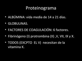 Proteinograma ALBÚMINA: vida media de 14 a 21 días. GLOBULINAS. FACTORES DE COAGULACIÓN: 6 factores. Fibrinógeno (I) protrombina (II) ,V, VII, IX y X. TODOS (EXCPTO  EL V)  necesitan de la vitamina K. 