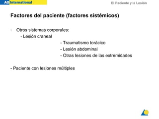 El Paciente y la Lesión
- Otros sistemas corporales:
- Lesión craneal
- Traumatismo torácico
- Lesión abdominal
- Otras lesiones de las extremidades
- Paciente con lesiones múltiples
Factores del paciente (factores sistémicos)
 
