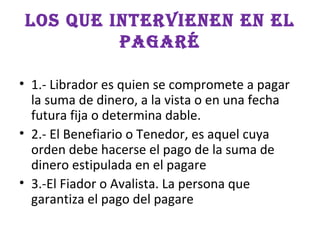 LOS QUE INTERVIENEN EN EL
PAGARÉ
 
• 1.- Librador es quien se compromete a pagar
la suma de dinero, a la vista o en una fecha
futura fija o determina dable.
• 2.- El Benefiario o Tenedor, es aquel cuya
orden debe hacerse el pago de la suma de
dinero estipulada en el pagare
• 3.-El Fiador o Avalista. La persona que
garantiza el pago del pagare
 