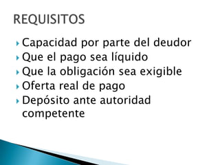 Capacidad por parte del deudorQue el pago sea líquidoQue la obligación sea exigibleOferta real de pagoDepósito ante autoridad competenteREQUISITOS