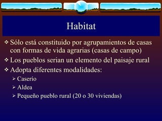 Habitat Sólo está constituido por agrupamientos de casas con formas de vida agrarias (casas de campo) Los pueblos serian un elemento del paisaje rural Adopta diferentes modalidades: Caserío Aldea Pequeño pueblo rural (20 o 30 viviendas) 