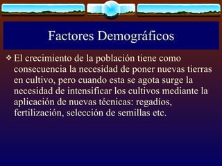 Factores Demográficos El crecimiento de la población tiene como consecuencia la necesidad de poner nuevas tierras en cultivo, pero cuando esta se agota surge la necesidad de intensificar los cultivos mediante la aplicación de nuevas técnicas: regadíos, fertilización, selección de semillas etc. 