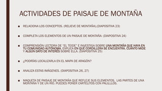 ACTIVIDADES DE PAISAJE DE MONTAÑA
■ RELACIONA LOS CONCEPTOS. (RELIEVE DE MONTAÑA).(DIAPOSITIVA 23)
■ COMPLETA LOS ELEMENTOS DE UN PAISAJE DE MONTAÑA- (DIAPOSITIVA 24)
■ COMPRENSIÓN LECTORA DE “EL TEIDE” E INVESTIGA SOBRE UNA MONTAÑA QUE HAYA EN
TU COMUNIDAD AUTÓNOMA, EXPLICA EN QUÉ CORDILLERA SE ENCUENTRA, CUÁNTO MIDE
Y ALGÚN DATO DE INTERÉS SOBRE ELLA. (DIAPOSITIVA 25)
■ ¿PODRÍAS LOCALIZARLA EN EL MAPA DE ARAGÓN?
■ ANALIZA ESTAS IMÁGENES. (DIAPOSITIVA 26, 27)
■ MAQUETA DE PAISAJE DE MONTAÑA QUE REFLEJE SUS ELEMENTOS, LAS PARTES DE UNA
MONTAÑA Y DE UN RÍO. PUEDES PONER CARTELITOS CON PALILLLOS.
 