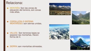 Relaciona:
■ MONTAÑA: Son las zonas de
elevación del terreno, son zonas
más altas.
■ CORDILLERA O SISTEMA
MONTAÑOSO: son sierras unidas.
■ VALLES: Son terrenos bajos se
separan las montañas. Hacen
forma de V.
■ SIERRA: son montañas alineadas.
 