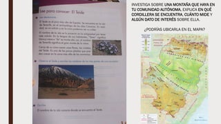 INVESTIGA SOBRE UNA MONTAÑA QUE HAYA EN
TU COMUNIDAD AUTÓNOMA, EXPLICA EN QUÉ
CORDILLERA SE ENCUENTRA, CUÁNTO MIDE Y
ALGÚN DATO DE INTERÉS SOBRE ELLA.
¿PODRÍAS UBICARLA EN EL MAPA?
 