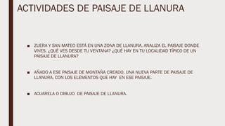 ACTIVIDADES DE PAISAJE DE LLANURA
■ ZUERA Y SAN MATEO ESTÁ EN UNA ZONA DE LLANURA. ANALIZA EL PAISAJE DONDE
VIVES. ¿QUÉ VES DESDE TU VENTANA? ¿QUÉ HAY EN TU LOCALIDAD TÍPICO DE UN
PAISAJE DE LLANURA?
■ AÑADO A ESE PAISAJE DE MONTAÑA CREADO, UNA NUEVA PARTE DE PAISAJE DE
LLANURA, CON LOS ELEMENTOS QUE HAY EN ESE PAISAJE.
■ ACUARELA O DIBUJO DE PAISAJE DE LLANURA.
 