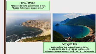 LOS CABOS.
Porciones de tierra que entran en el mar.
“Brazos de tierra que atrapan al mar”
LOS GOLFOS.
partes del mar que se adentran en la tierra.
“EL MAR METE GOL A LA TIERRA ¡¡¡GOOLLLFO””
CUANDO ES UN GOLFO PEQUEÑO SE LA LLAMA BAHIA
CABO
G
O
L
F
O
 