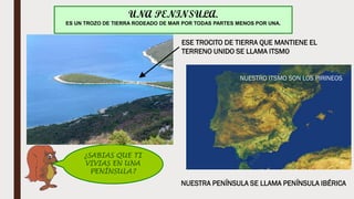 ¿SABIAS QUE TI
VIVIAS EN UNA
PENÍNSULA?
UNA PENINSULA.
ES UN TROZO DE TIERRA RODEADO DE MAR POR TODAS PARTES MENOS POR UNA.
ESE TROCITO DE TIERRA QUE MANTIENE EL
TERRENO UNIDO SE LLAMA ITSMO
NUESTRO ITSMO SON LOS PIRINEOS
NUESTRA PENÍNSULA SE LLAMA PENÍNSULA IBÉRICA
 