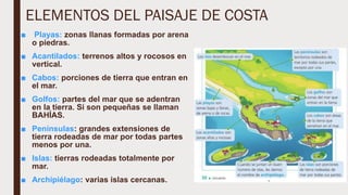 ELEMENTOS DEL PAISAJE DE COSTA
■ Playas: zonas llanas formadas por arena
o piedras.
■ Acantilados: terrenos altos y rocosos en
vertical.
■ Cabos: porciones de tierra que entran en
el mar.
■ Golfos: partes del mar que se adentran
en la tierra. Si son pequeñas se llaman
BAHÍAS.
■ Penínsulas: grandes extensiones de
tierra rodeadas de mar por todas partes
menos por una.
■ Islas: tierras rodeadas totalmente por
mar.
■ Archipiélago: varias islas cercanas.
 
