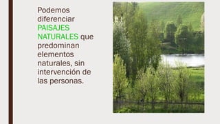 Podemos
diferenciar
PAISAJES
NATURALES que
predominan
elementos
naturales, sin
intervención de
las personas.
 