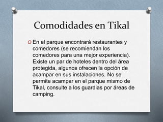 Comodidades en Tikal
O En el parque encontrará restaurantes y
comedores (se recomiendan los
comedores para una mejor experiencia).
Existe un par de hoteles dentro del área
protegida, algunos ofrecen la opción de
acampar en sus instalaciones. No se
permite acampar en el parque mismo de
Tikal, consulte a los guardias por áreas de
camping.
 
