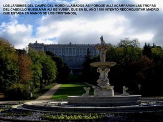 LOS JARDINES DEL CAMPO DEL MORO (LLAMADOS ASÍ PORQUE ALLÍ ACAMPARON LAS TROPAS
DEL CAUDILLO MUSULMÁN ALÍ BE YUSUF, QUE EN EL AÑO 1109 INTENTÓ RECONQUISTAR MADRID
QUE ESTABA EN MANOS DE LOS CRISTIANOS),
 