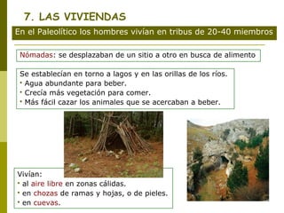 7. LAS VIVIENDAS
En el Paleolítico los hombres vivían en tribus de 20-40 miembros

 Nómadas: se desplazaban de un sitio a otro en busca de alimento

 Se establecían en torno a lagos y en las orillas de los ríos.
  Agua abundante para beber.
  Crecía más vegetación para comer.
  Más fácil cazar los animales que se acercaban a beber.




Vivían:
 al aire libre en zonas cálidas.
 en chozas de ramas y hojas, o de pieles.
 en cuevas.
 