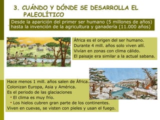 3. CUÁNDO Y DÓNDE SE DESARROLLA EL
      PALEOLÍTICO
 Desde la aparición del primer ser humano (5 millones de años)
 hasta la invención de la agricultura y ganadería (11.000 años)


                                 África es el origen del ser humano.
                                 Durante 4 mill. años solo viven allí.
                                 Vivían en zonas con clima cálido.
                                 El paisaje era similar a la actual sabana.




Hace menos 1 mill. años salen de África.
Colonizan Europa, Asia y América.
Es el periodo de las glaciaciones
  El clima es muy frío.
  Los hielos cubren gran parte de los continentes.

Viven en cuevas, se visten con pieles y usan el fuego.
 