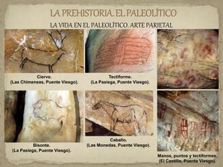 LA VIDA EN EL PALEOLÍTICO. ARTE PARIETAL
Ciervo.
(Las Chimeneas, Puente Viesgo).
Tectiforme.
(La Pasiega, Puente Viesgo).
Bisonte.
(La Pasiega, Puente Viesgo).
Caballo.
(Las Monedas, Puente Viesgo).
Manos, puntos y tectiformes.
(El Castillo, Puente Viesgo).
 