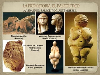 LA VIDA EN EL PALEOLÍTICO. ARTE MUEBLE.
Bisontes. Arcilla.
(Francia).
Venus de Brassempouy.
Marfil. (Francia).
Venus de Laussel.
Piedra caliza.
(Francia).
Venus de Lespugue.
Marfil. (Francia). Venus de Willendorf. Piedra
caliza. (Austria).
 