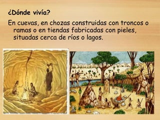 ¿Dónde vivía?
En cuevas, en chozas construidas con troncos o
ramas o en tiendas fabricadas con pieles,
situadas cerca de ríos o lagos.
 