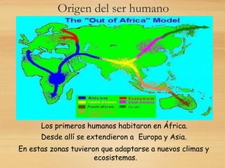 Origen del ser humano
Los primeros humanos habitaron en África.
Desde allí se extendieron a Europa y Asia.
En estas zonas tuvieron que adaptarse a nuevos climas y
ecosistemas.
 