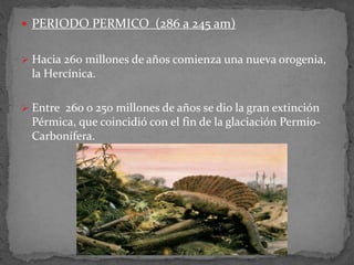  PERIODO PERMICO (286 a 245 am)
 Hacia 260 millones de años comienza una nueva orogenia,
la Hercínica.
 Entre 260 o 250 millones de años se dio la gran extinción
Pérmica, que coincidió con el fin de la glaciación Permio-
Carbonífera.
 