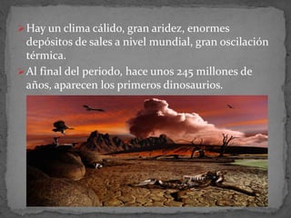 Hay un clima cálido, gran aridez, enormes
depósitos de sales a nivel mundial, gran oscilación
térmica.
Al final del periodo, hace unos 245 millones de
años, aparecen los primeros dinosaurios.
 