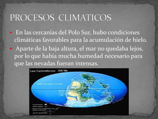  En las cercanías del Polo Sur, hubo condiciones
climáticas favorables para la acumulación de hielo.
 Aparte de la baja altura, el mar no quedaba lejos,
por lo que había mucha humedad necesario para
que las nevadas fueran intensas.
 