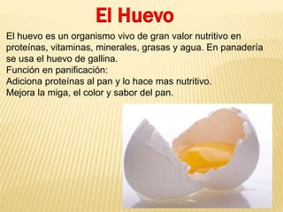 El Huevo 
El huevo es un organismo vivo de gran valor nutritivo en 
proteínas, vitaminas, minerales, grasas y agua. En panadería 
se usa el huevo de gallina. 
Función en panificación: 
Adiciona proteínas al pan y lo hace mas nutritivo. 
Mejora la miga, el color y sabor del pan. 
 