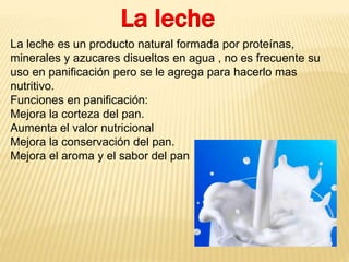 La leche 
La leche es un producto natural formada por proteínas, 
minerales y azucares disueltos en agua , no es frecuente su 
uso en panificación pero se le agrega para hacerlo mas 
nutritivo. 
Funciones en panificación: 
Mejora la corteza del pan. 
Aumenta el valor nutricional 
Mejora la conservación del pan. 
Mejora el aroma y el sabor del pan 
 